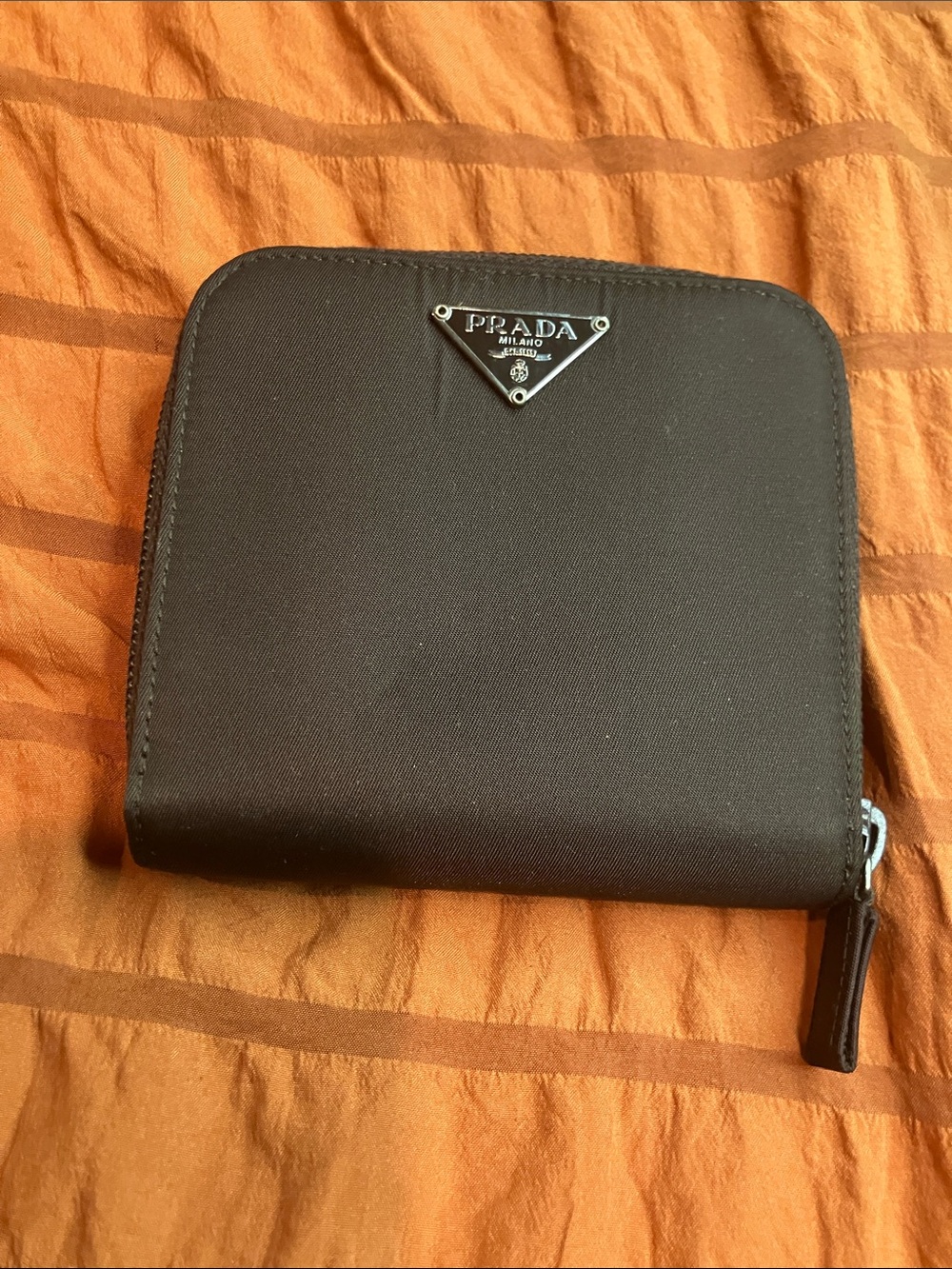 Prada Brown Nylon Zip Wallet with Silver Logo